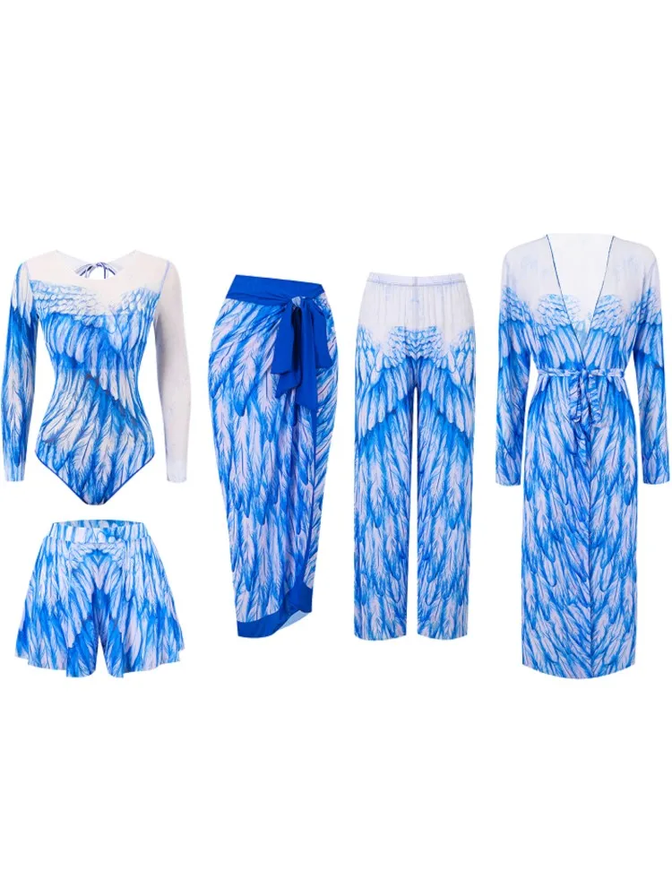 

5 Piece Sets High Waist Sexy Swimsuit Women Summer Bathing Suit Bikini Set Long Sleeve Swimwear Beach Swimming Suit Купальник