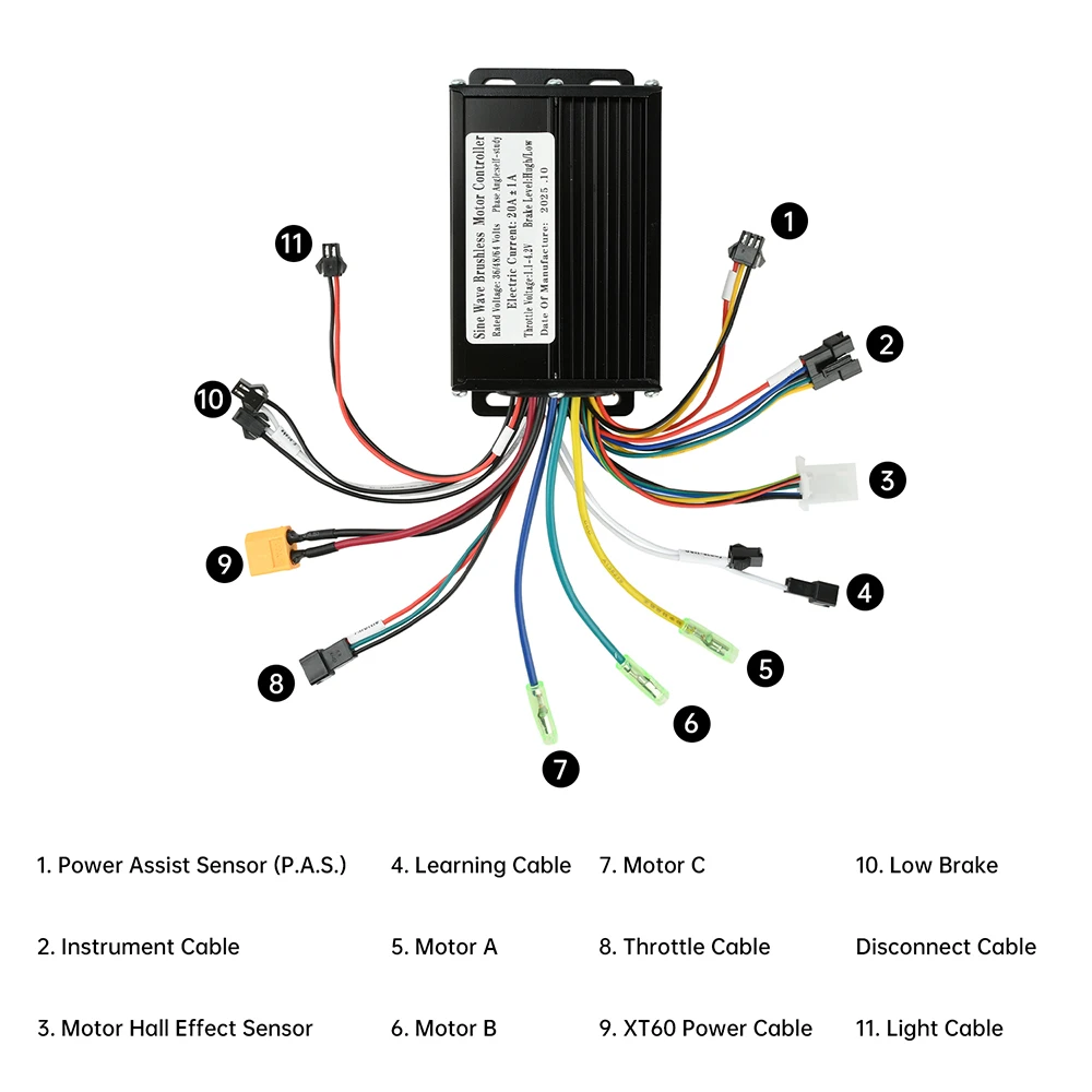 36V 48V 20A Sine-wave Brushless Motor Controller, 350W–500W, Suitable for Protocol 2 LCD-display Electric Bicycles Etc.