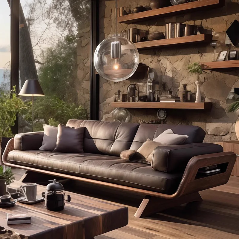 High-End Solid Wood Leather Sectional Sofa New Middle-Aged Walnut Design For Hotel Small Apartment Three-Seater Villa Living