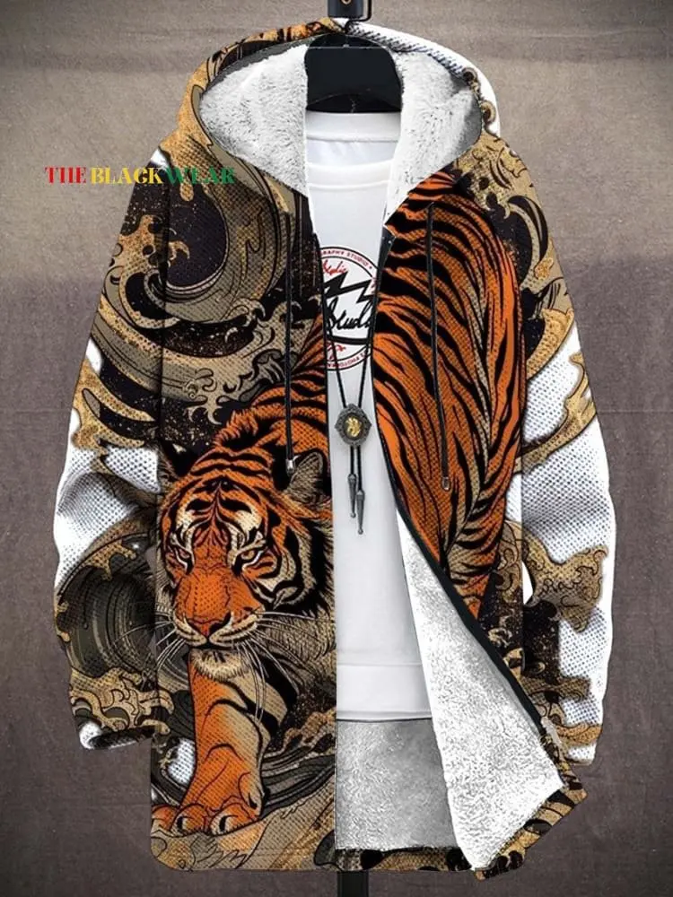 

Vintage Hand Drawn Art Tiger Descending Mountain Pattern Print Unisex Plush Thick Long-Sleeved Sweater Cardigan Coat Men's
