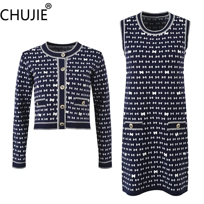 

CHUJIE Women's Dress Set Fashion Gentle Style Design With Bow Printed Round Neck Top+Sleeveless Dress Set 2025 Spring/Summer New