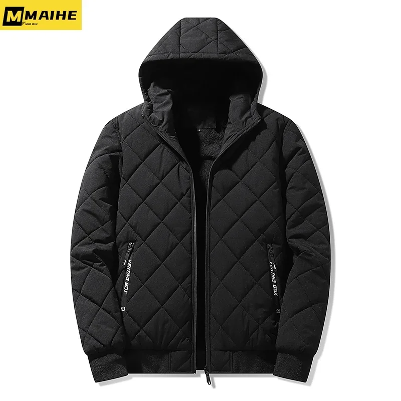 Jaqueta de algodão acolchoada masculina com capuz, textura losango, parkas casual, plus size, outono, inverno, roupas da moda, 5XL