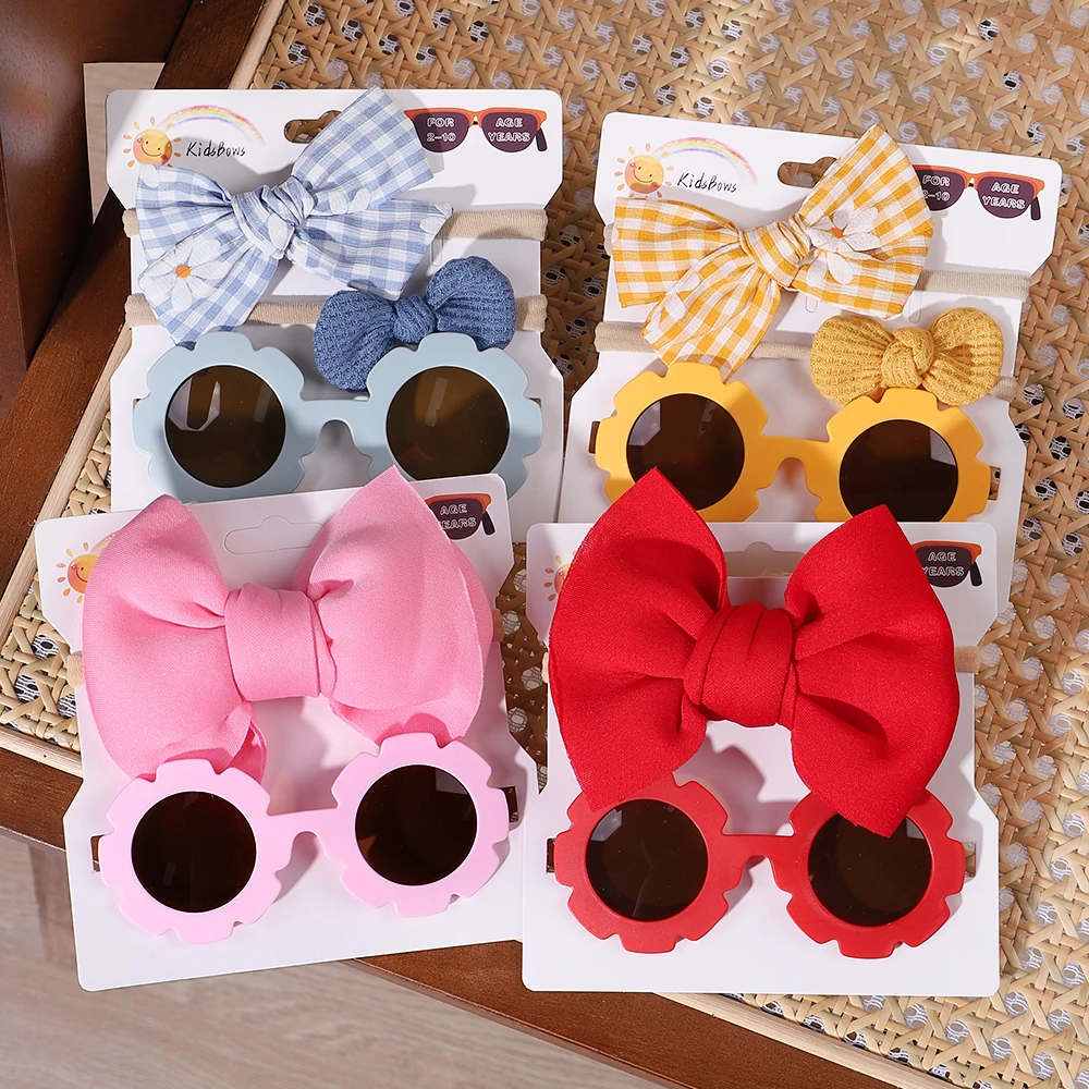 2/3Pcs/set Kids Sunglasses Headband Set Baby Elastic Nylon Headband Bohemia Beach Seaside Sun Glasses Kids Bow Headwear Gift