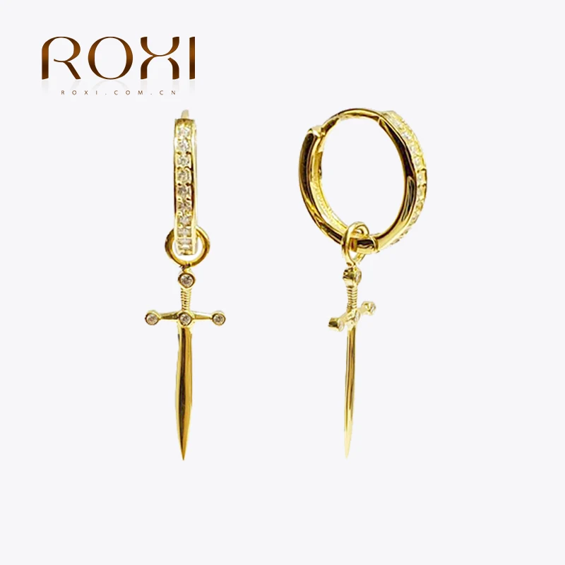 ROXI Punk Long Sword Hoop Earrings for Women Men Party Glossy Unusual Earrings Cartilage 925 Sterling Silver Pendientes Gift