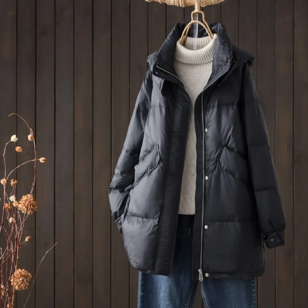 جديد 2025 سترة نسائية للخريف والشتاء بيضاء مبطنة للأسفل سترة نسائية دافئة غير رسمية فضفاضة بمقاس متوسط الطول معطف منتفخ ملابس خارجية معطف أسفل