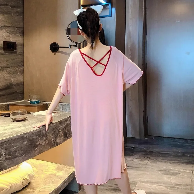 125kg Plus Size Backless Loose Nightdress Women Summer Short Sleeve Thin Pajamas Knee Length Skirt Maternity Nightgown Sleepwear