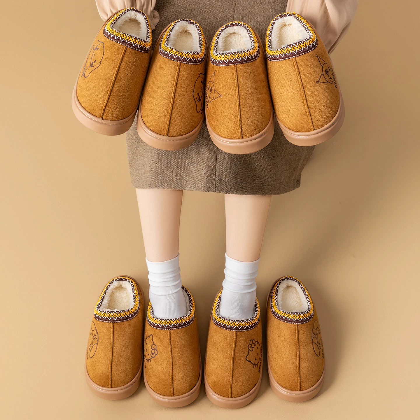 

Hot Winter Kids and Women Slippers Plush Interior Anti Slip Thick Sole Fashion Embroidered Warm House Shoes for Ladies