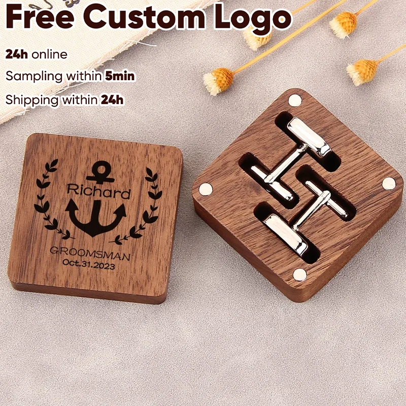 Free Personalized Cufflinks Box Engraved Wooden Cuff links Anniversary Gift for Husband Christmas Gift Wedding Cufflinks for Men
