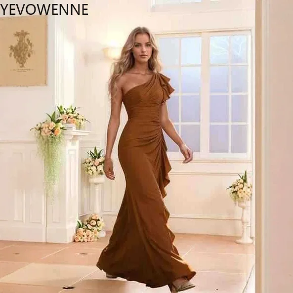 Ruffles Bridesmaid Dress for Wedding One Shoulder Side Split Long Chiffon Wedding Guest Dresses