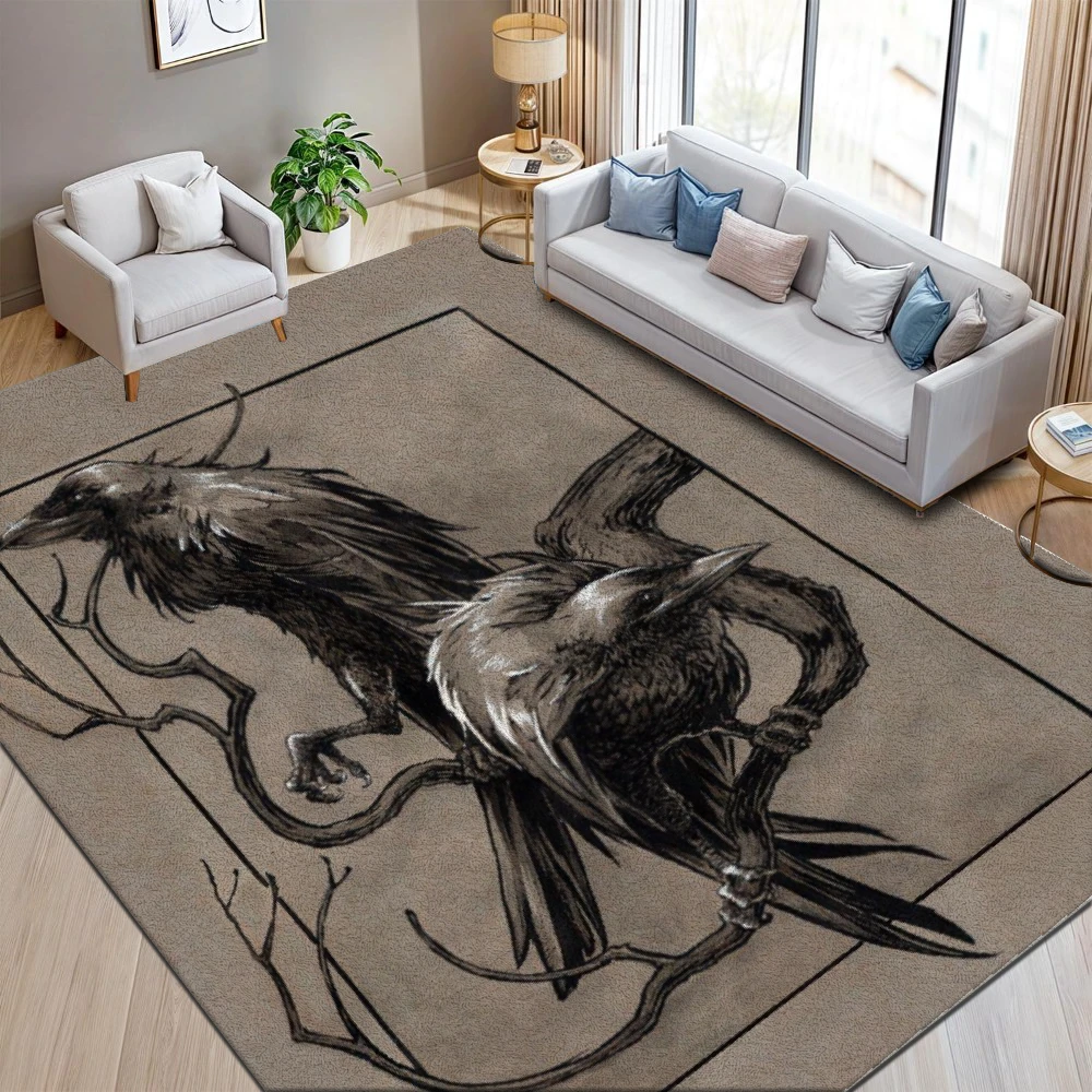 2D Flat Artistic Raven Design Pattern Rug, Non‑Slip Washable Mat for Living Room Bedroom Hallway Indoor Decor