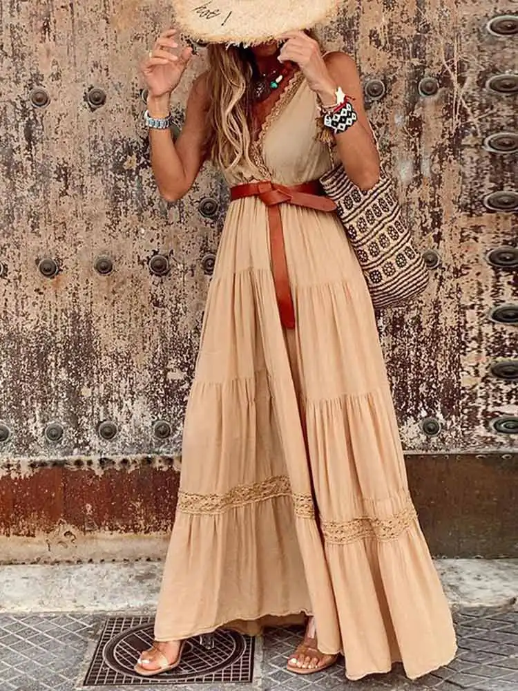 

Summer Bohemian Dress Women Sexy Lace Patchwork Casual Deep V-Neck Elegant Beach Long Dress Solid Sleeveless Vestidos Femme