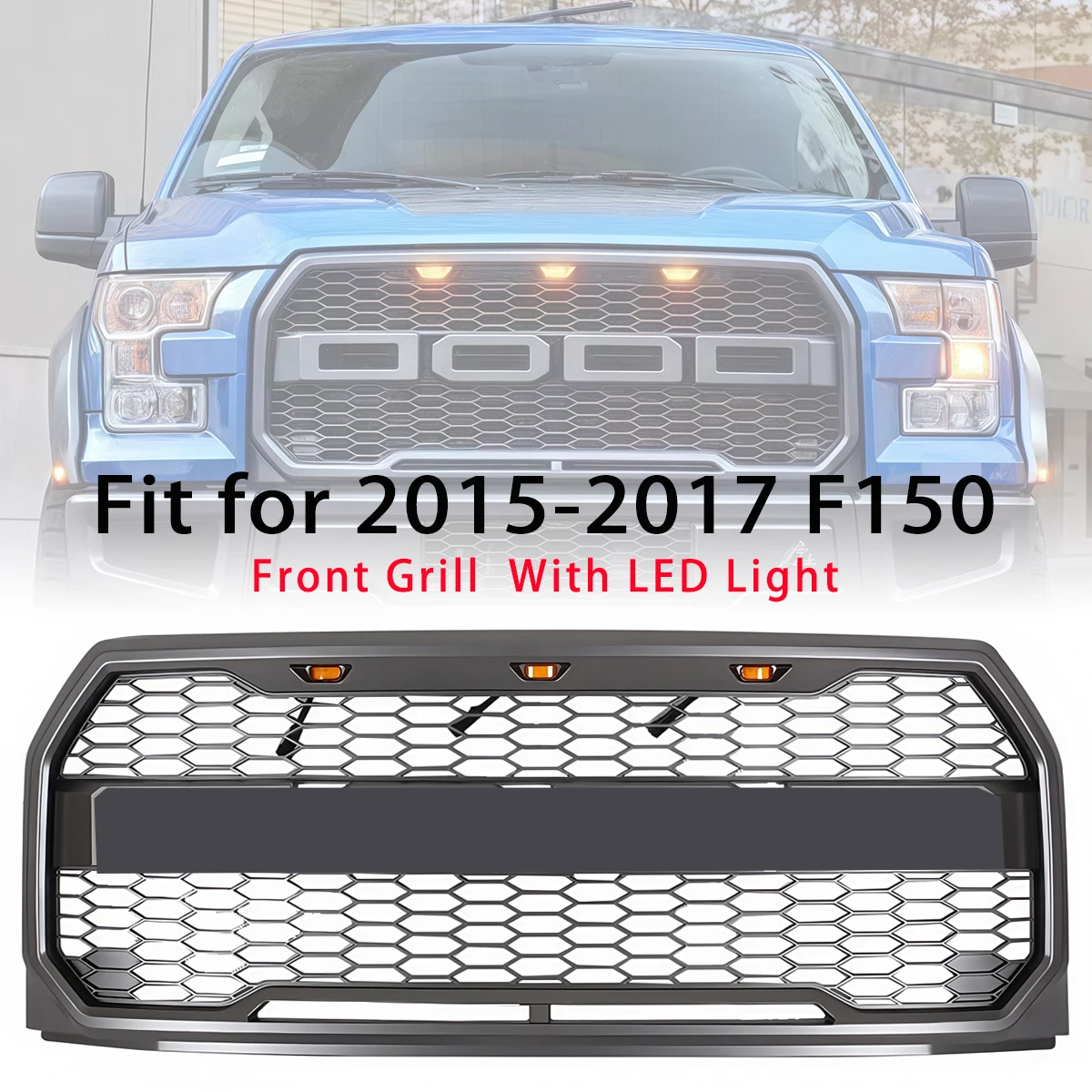 

Front Grille W/light Fits for 2015-2017 Ford F150 Raptor F-150 Black Grill