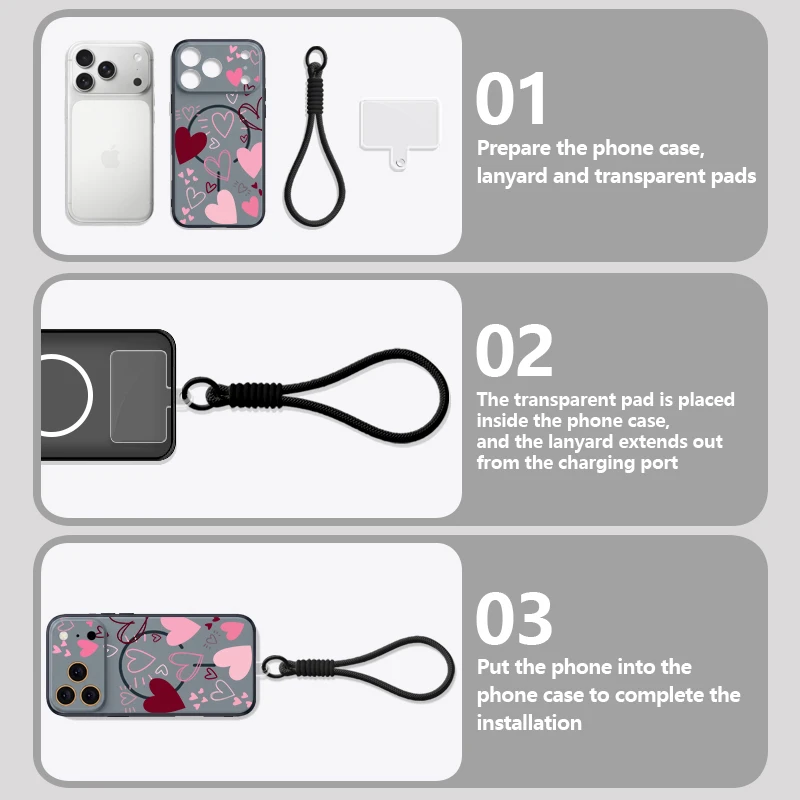 Love Heart Pattern Magnetic Phone Case For iPhone 17 16 Pro 15 14 13 Pro Max For Magsafe Wrist Strap Lanyard Hard PC Back Cover view 5