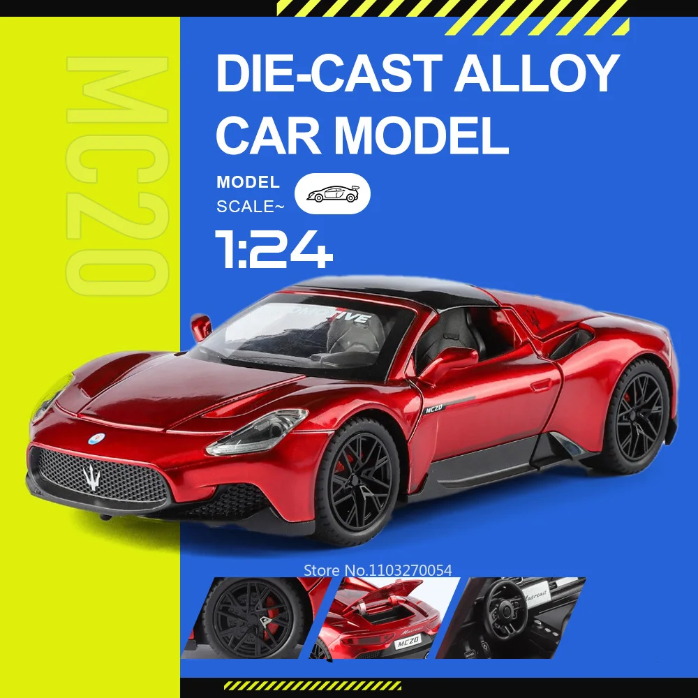 

1:24 MC20 GT2 Sportscar Model Alloy Diecast Toys Front Wheel Steering Sound Light Pull Back Miniature Vehices Kid Christmas Gift