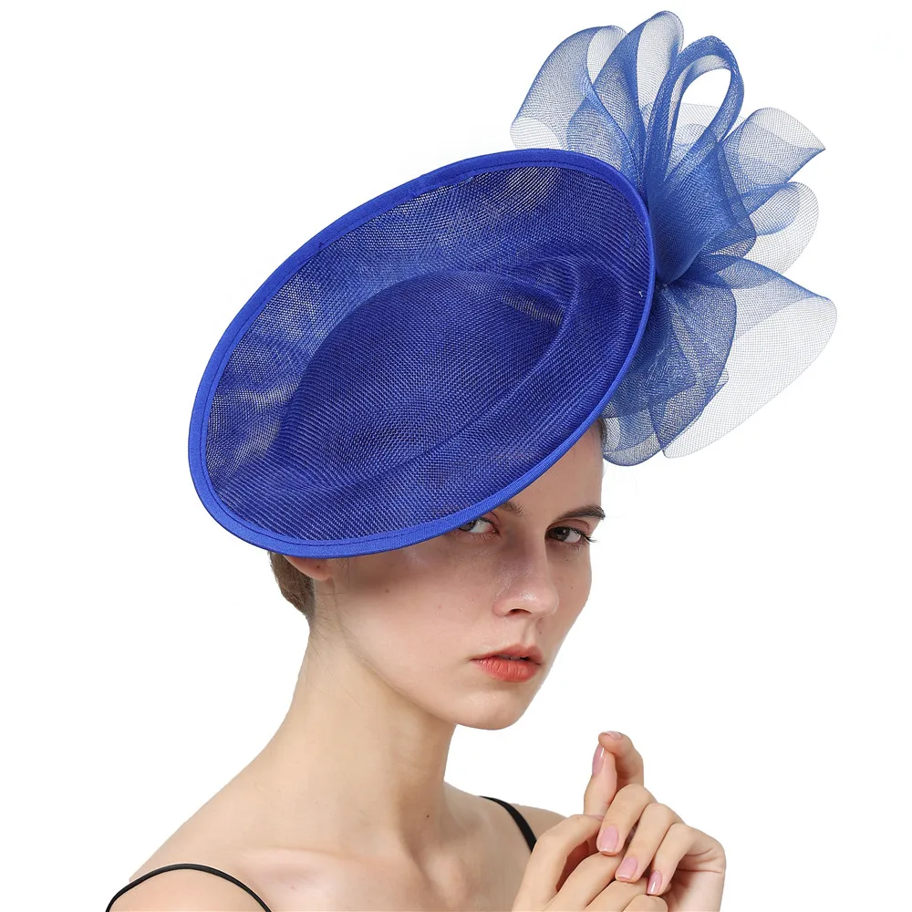 Sombreros de cóctel fascinador azul real de lujo con malla Floral para eventos, accesorios para el cabello, sombreros de boda Derby