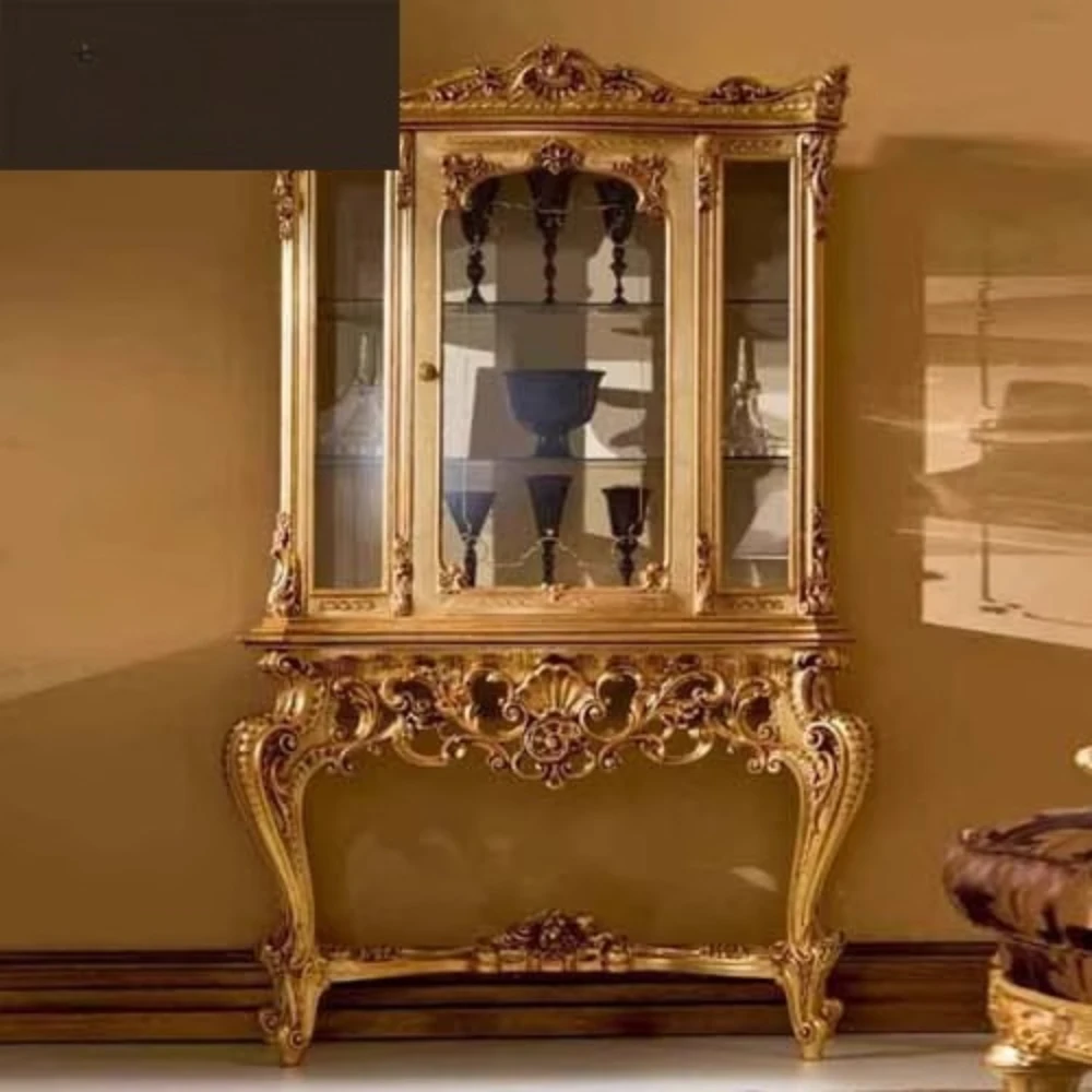 

European French furniture gold foil solid wood hand-carved display wine cabinet