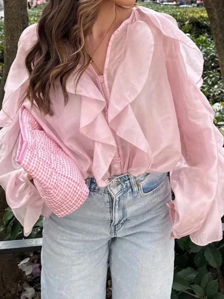 

Весенне-осенняя модная рубашка с рюшами и пуговицами, женская элегантная свободная блузка с v-образным вырезом и длинными рукавами, повседневные однотонные офисные топы