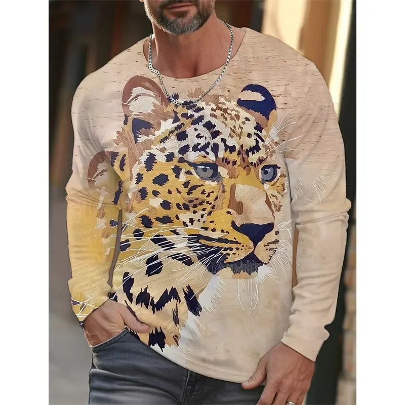 3D Printed Casual Long Sleeve Men's T Shirt 2026 HD Leopard Print Round Neck Autumn Tops Streetwear Fashion Home Clothes