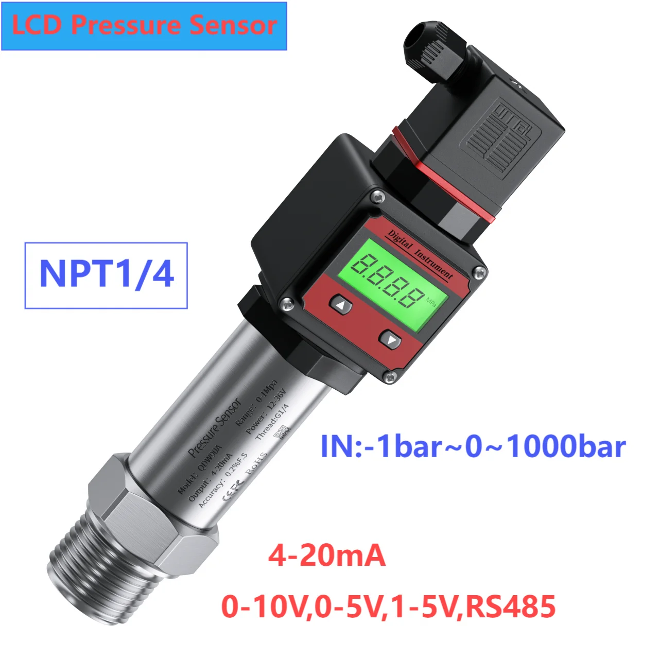 NPT1/4 Pressure Transducer Transmitter 0-100bar to 4-20mA 0-10V 0-5V Pressure Gauge Digital Display RS485 200bar 300bar 50bar