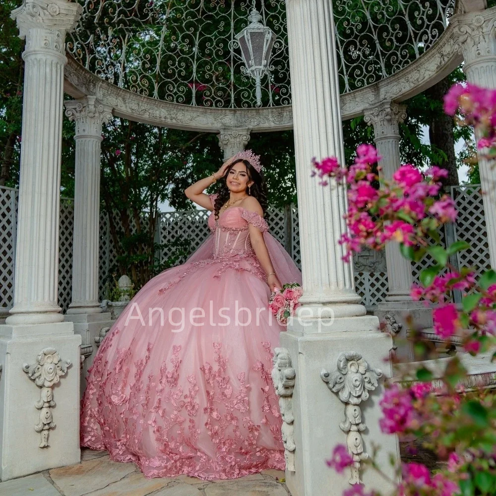 Angelsbridep personalizado rosa vestido de baile quinceanera vestidos 2025 miçangas com capa espartilho vestido de festa de aniversário de 15 anos