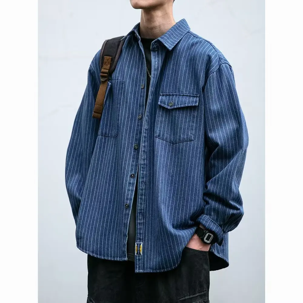 

Retro American Workwear Striped irt Men's Spring Autumn Distred Denim Casual Loose Long Sve irt Jaet Trendy