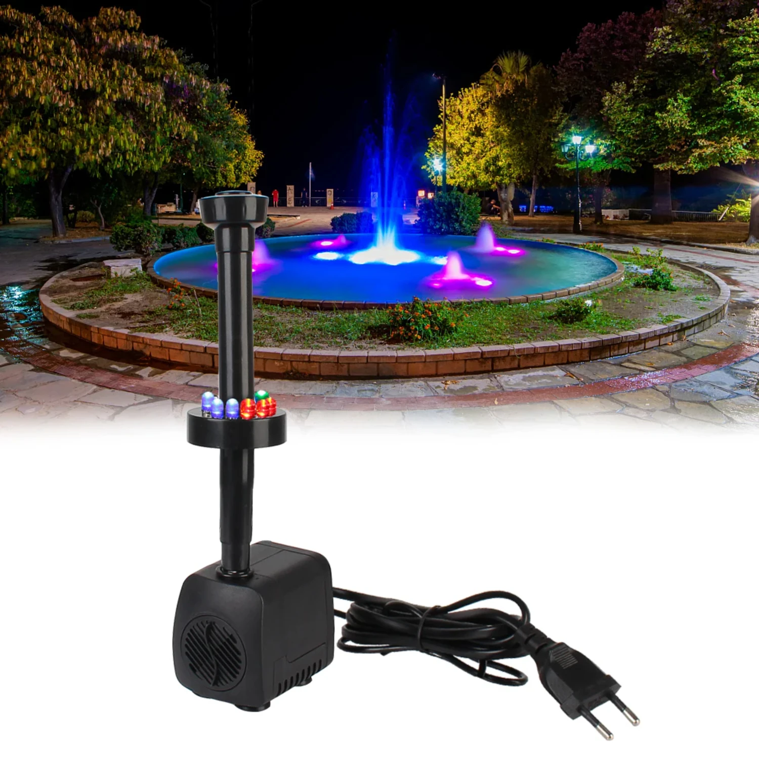 Fuente de acuario de jardín impermeable ultrasilencioso ajustable de 15 W con cable de alimentación con 12 luces LED enchufe de agua UE