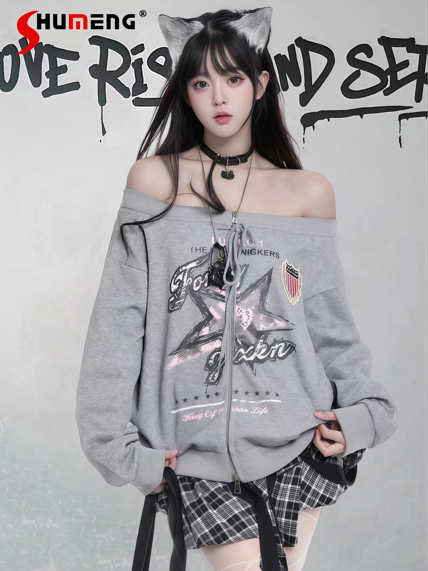 

American Preppy Style Retro Star Print Off-Shoulder Long Sleeve Sweatshirt Lazy Loose Casual Lace-up Zipper Jacket Women Autumn
