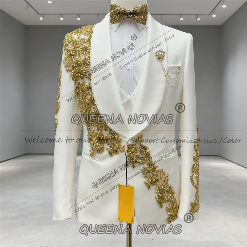 Luxo frisado pedras terno masculino 3 peças define xale lapela noivo baile de formatura blazers personalizado homem banquete casamento smoking traje homme