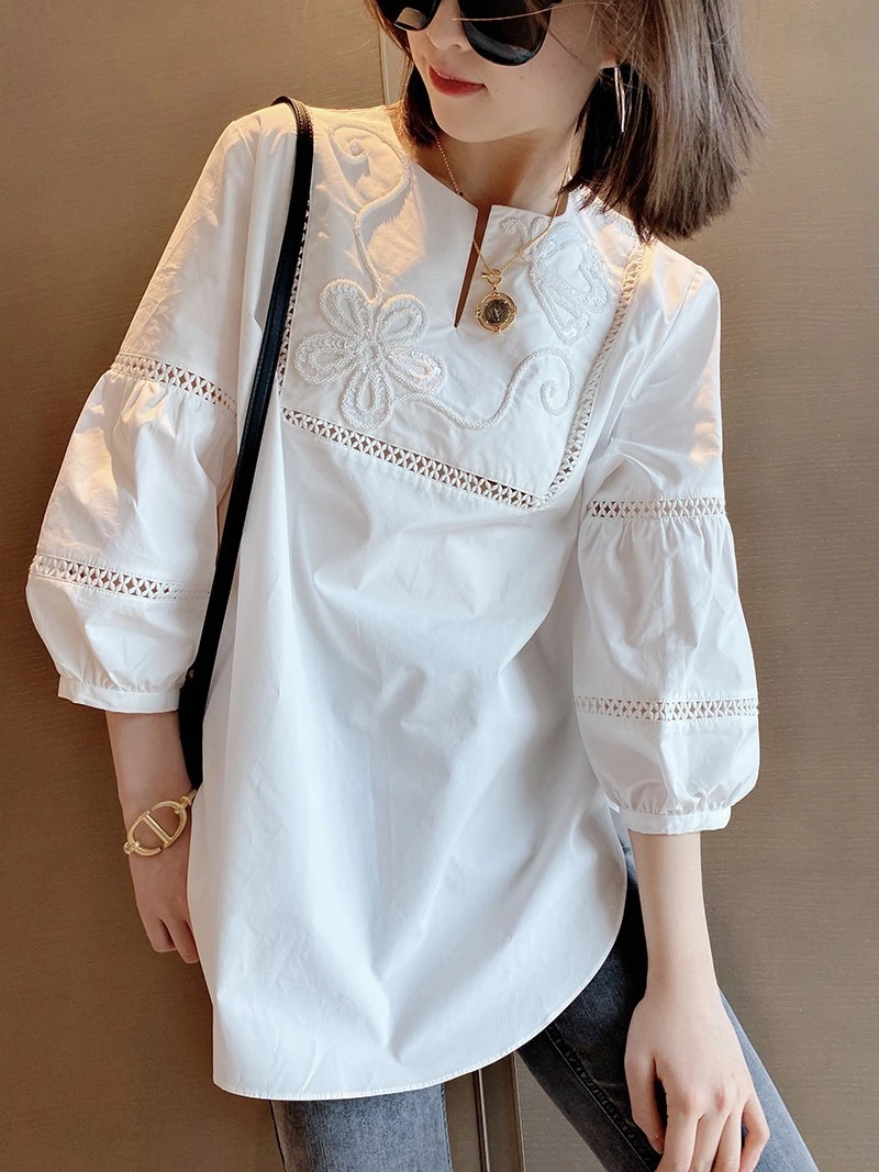 

O-neck Lantern Sleeve Summer Shirts Camisas De Mujer Loose Vintage Hollow Out Whiteblouses Tops Korean Blouse Women's Clothing