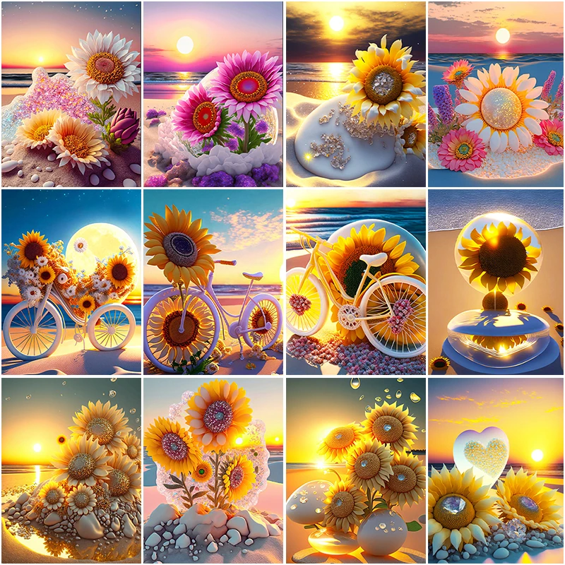 Flower 5D Mosaic Diamond Painting Beautiful Beach Sunflowers and Sky Scenery Full Diamond Mosaic DIY Cross Stitch Home Decor