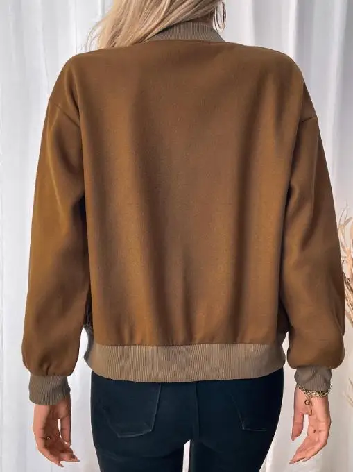 

Autumn and Winter Stand Up Collar Cardigan Women's Pocket Jacket Fashionable High Street Style Contrasting Color Splicing Jacket