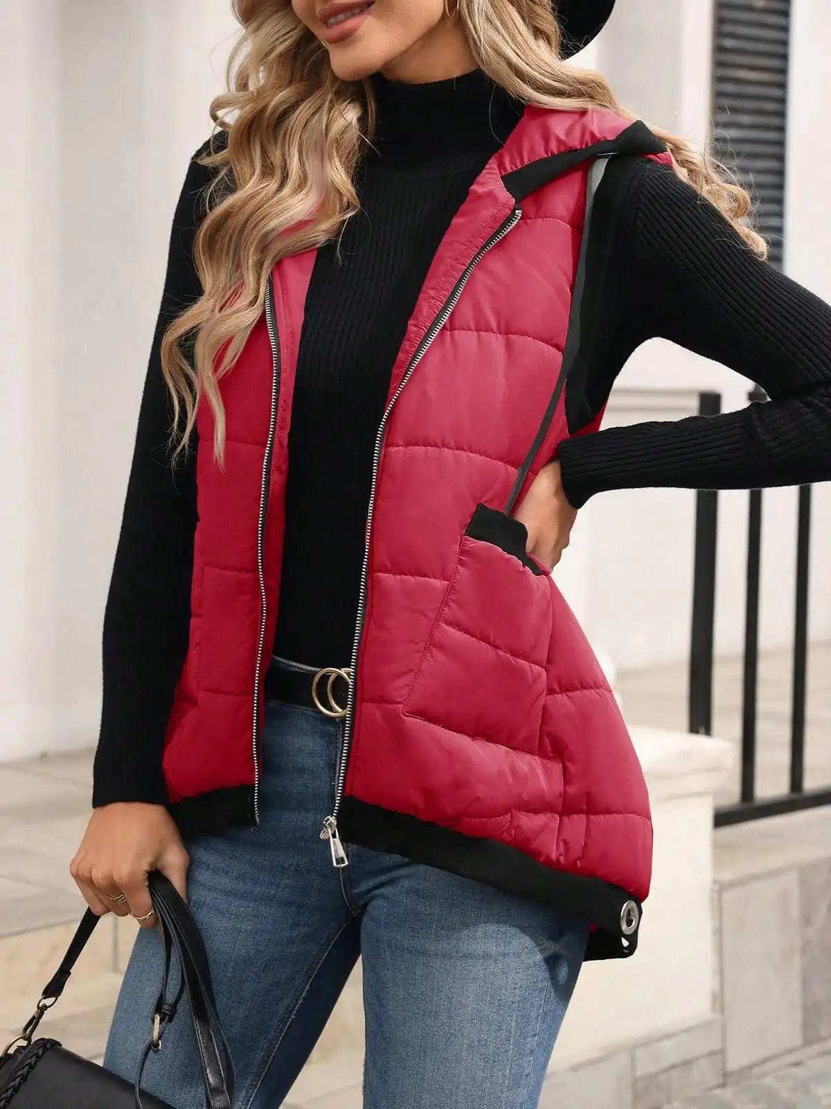 여성용 후드 아우터 조끼 가벼운 지퍼업 패딩 조끼 주머니 포함