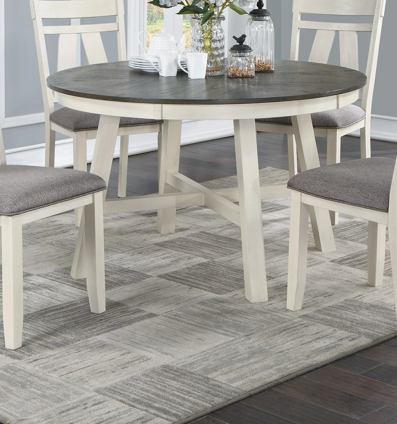 

Dining Room Furniture 5pc Dining Set Round Table And 4x Side Chairs Gray Fabric Cushion Seat White Clean Lines Wooden Table Top