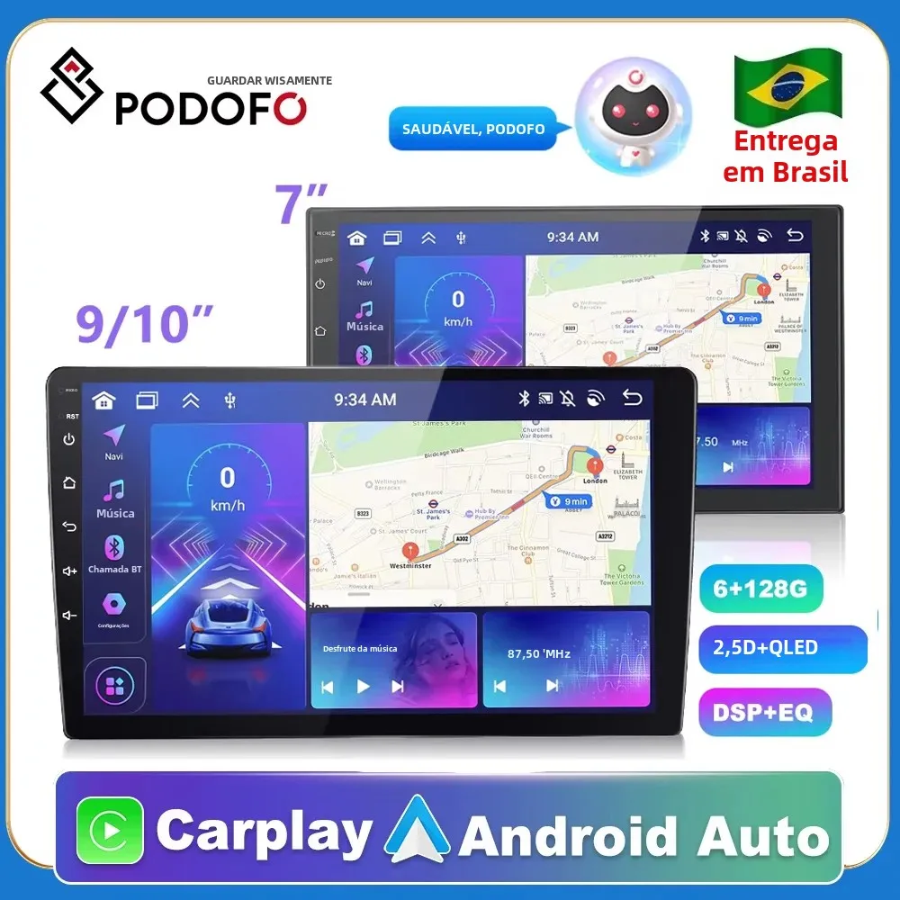 Podofo 2din android gps carro estéreo carplay rádio bluetooth fm carro mp5 player 7 9 10 polegada para universal nissan toyota kia hyundai