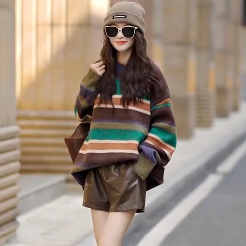 

Корейский стильный полосатый вязаный свитер для женщин, весенне-осенний, свободного кроя, удобный, больших размеров, повседневный, модный, с круглым вырезом, с длинными рукавами