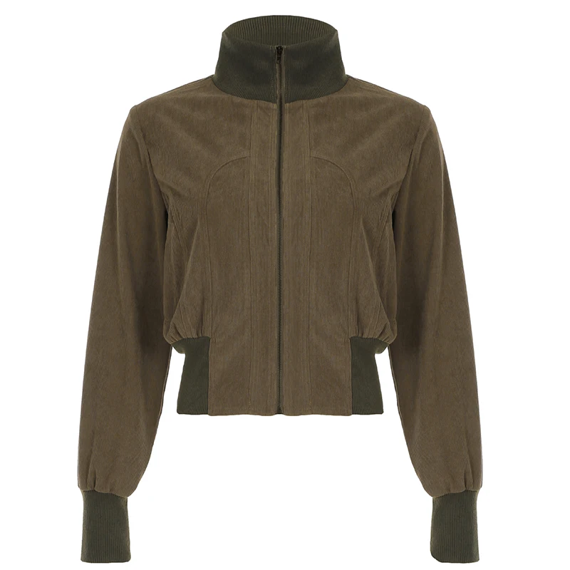 

American Vintage Brown Short Jacket For Women Autumn Street Style Corduroy Outerwear Pockets Zipper Turn Down Collar Coat