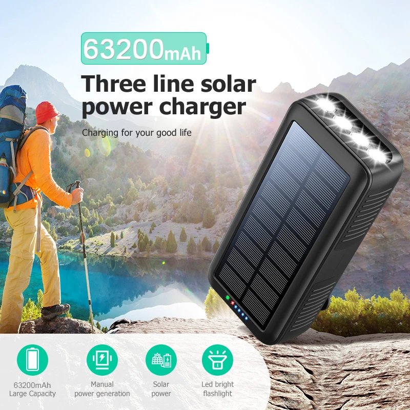 Camping 63200mah 4 Strong Light Mobile Portable Charger Battery Powerbank Built In Cable Waterproof Hand Crank Solar Power Bank