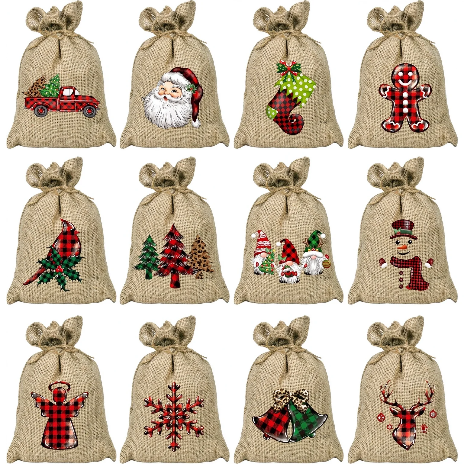 12Pcs Buffalo Plaid Christmas Burlap Drawstring Gift Bags Red Truck Linen Treat Candy Bag for Kids Holiday Party Favor Supplies