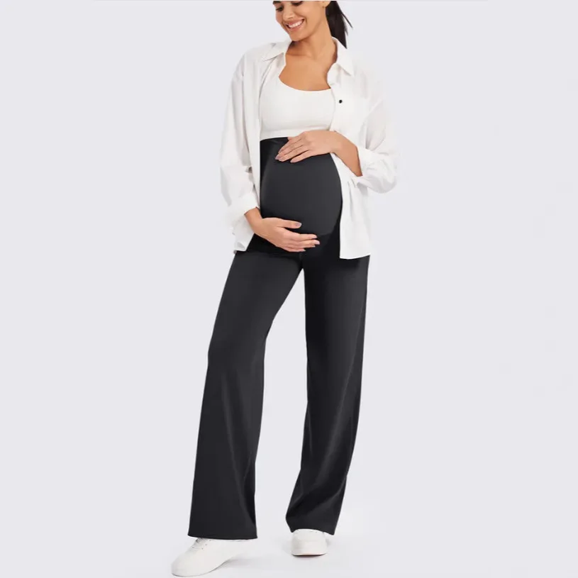 High Elasticity Maternity Leggings Knitted Wide Leg Pants Casual Loose Fit Tummy Control Trousers