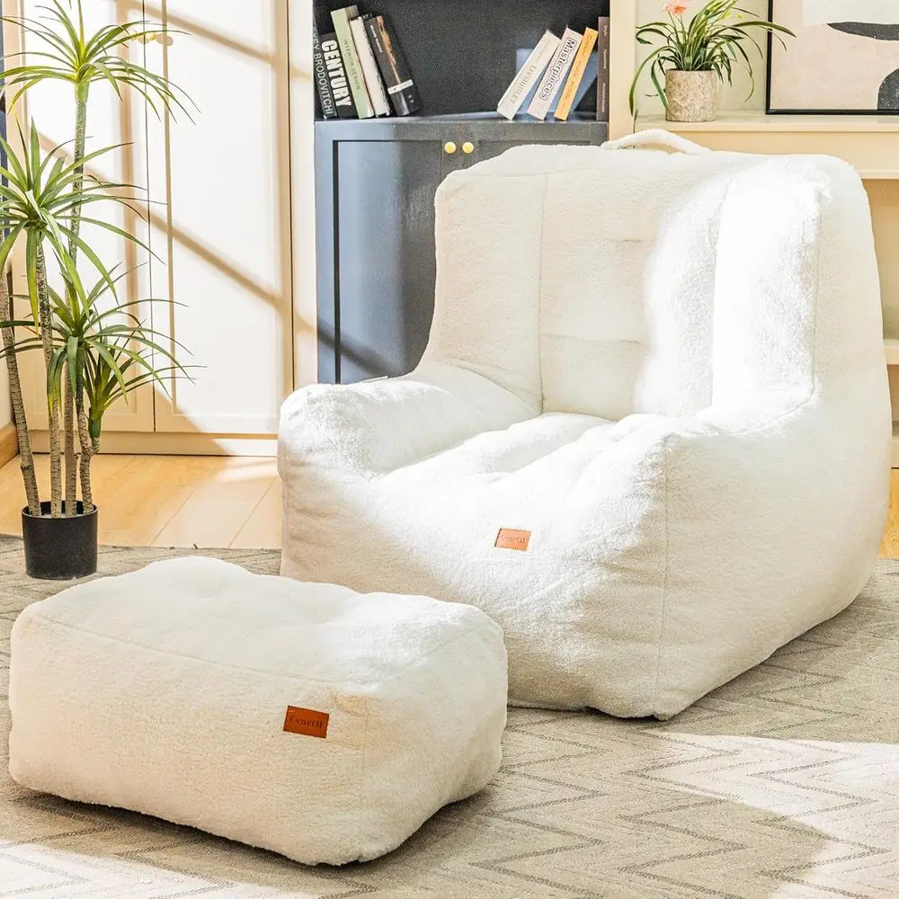 

Oversized High-Density Bean Bag Chair with Ottoman, White - Cozy Comfort for Living Room or Bedroom