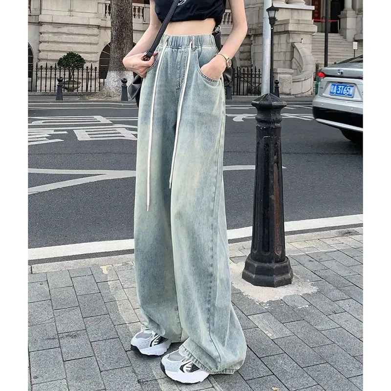 Frauen Mop Denim Pantalons Retro Frau hoch taillierte breite Beine Cowboy hose Sommer Dame elastische Taille gerade Zylinder Jeans