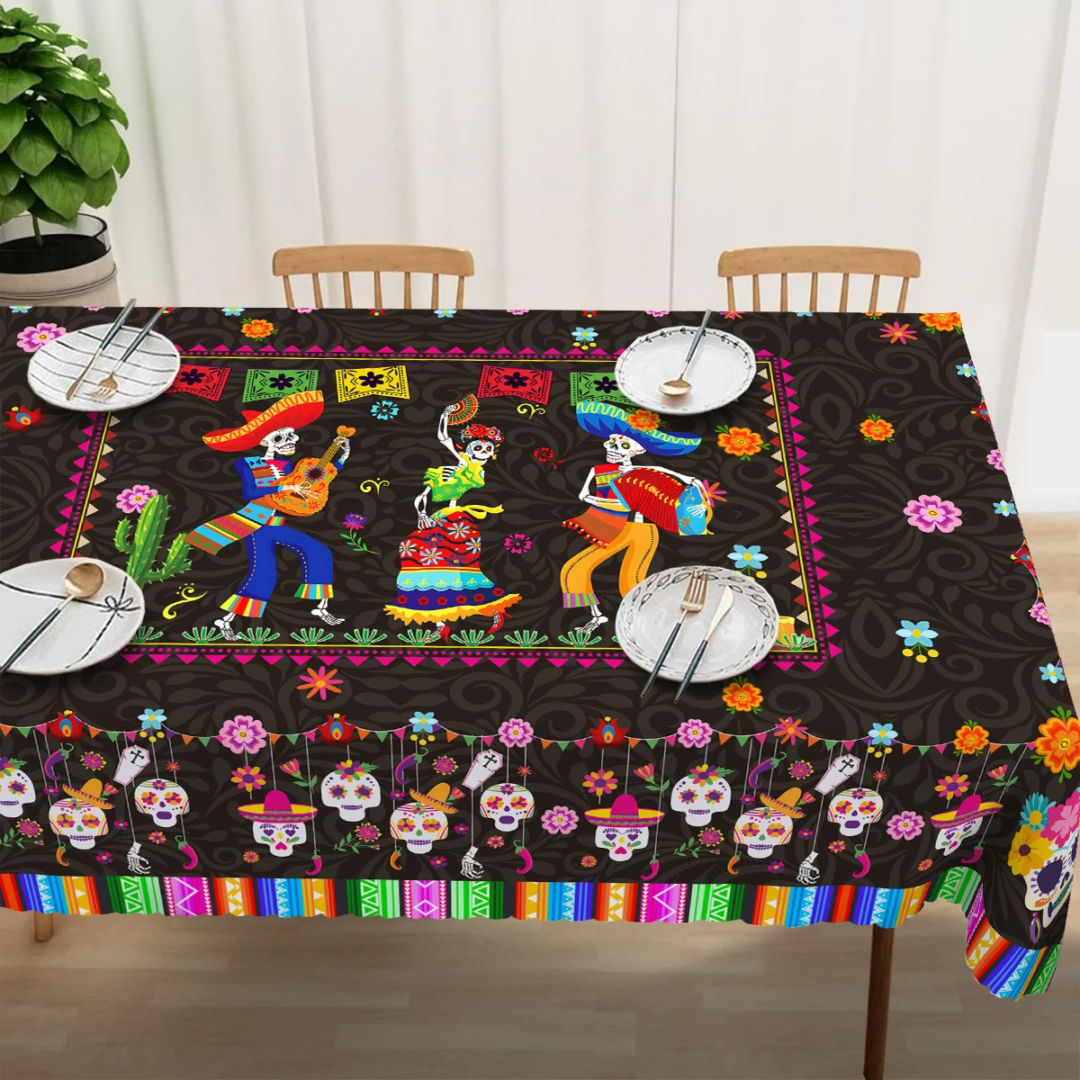 One Mexican Day of the Dead dandelion sugar skull tablecloth, for Halloween decoration