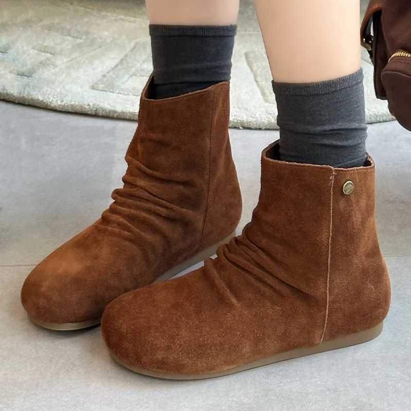 

Flats Women's Ankle Boots Fashion Casual Suede Shoes 2025 Winter Chelsea Boots New Walking Trend Cozy Dress Short Mujer Botas