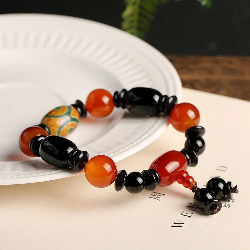 Natural Agate 3 Eyes Dzi Beads Bracelet Tibetan Style Red Black Bucket Bead Wealth Porsperity Good Luck Gift Women Men Jewelry