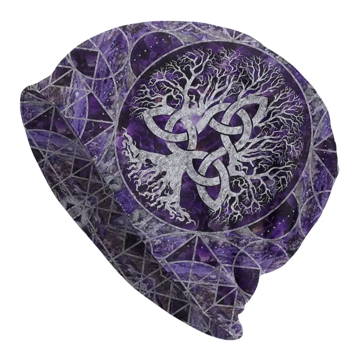 Tree Of Life With Triquetra Amethyst And Silver  Washed Thin Bonnet Cycling Casual Beanies Protection Men Women Hats