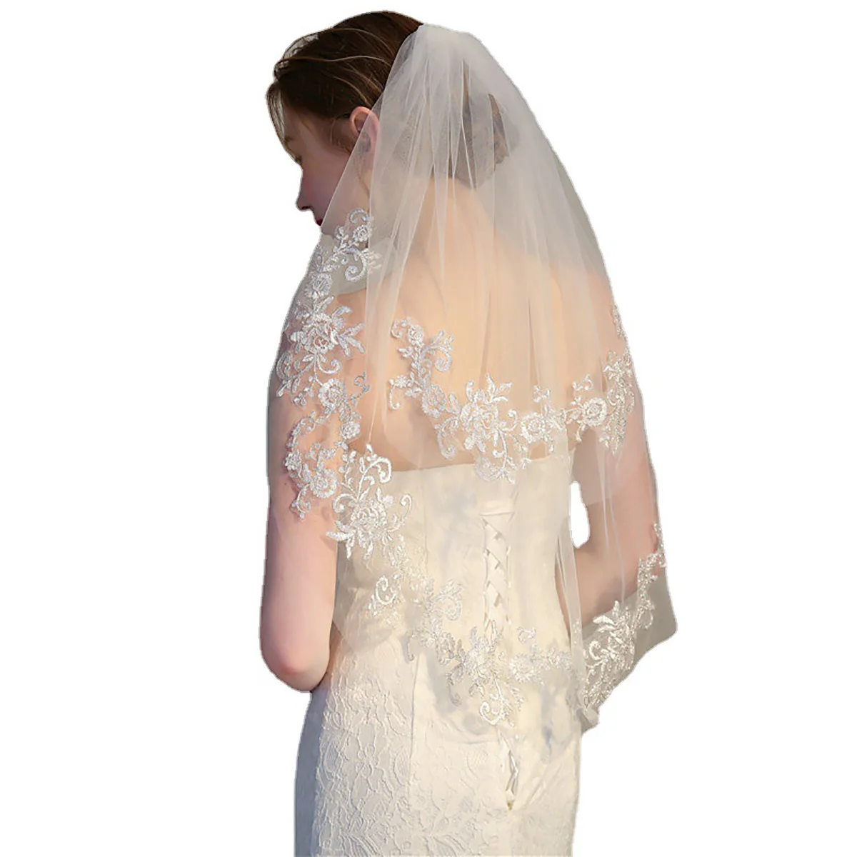 Voile de Mariage en Dentelle, Taille Courte, 2 Niveaux, Tulle Doux, pour Patients avec Peigne