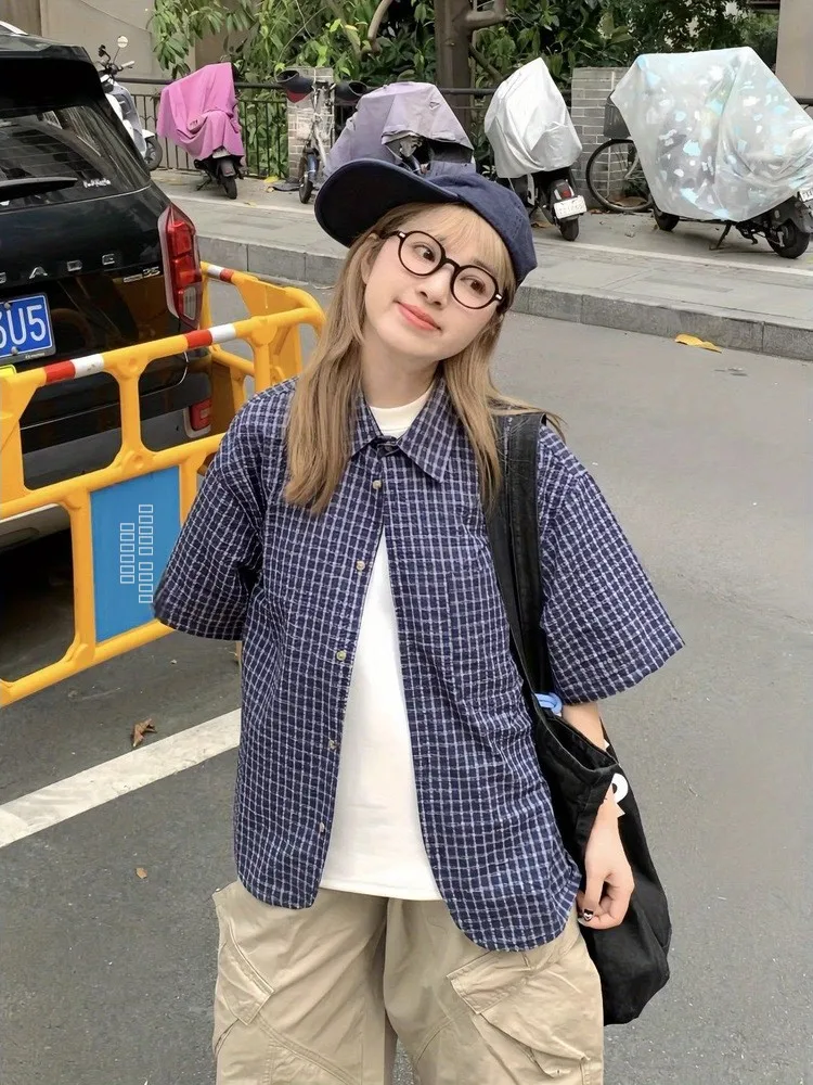 

Лето 2025: Новинка! Ретро-стиль, японская клетка, свободный крой, повседневный, молодежный, не требует глажки, стандартная длина.