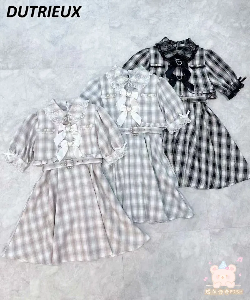 

Roita Dress Plaid Waistcoat Summer Lolita Style Mine Series Mass-Produced Bow Casual Fake Two Pieces Short Sleeve Dress Women