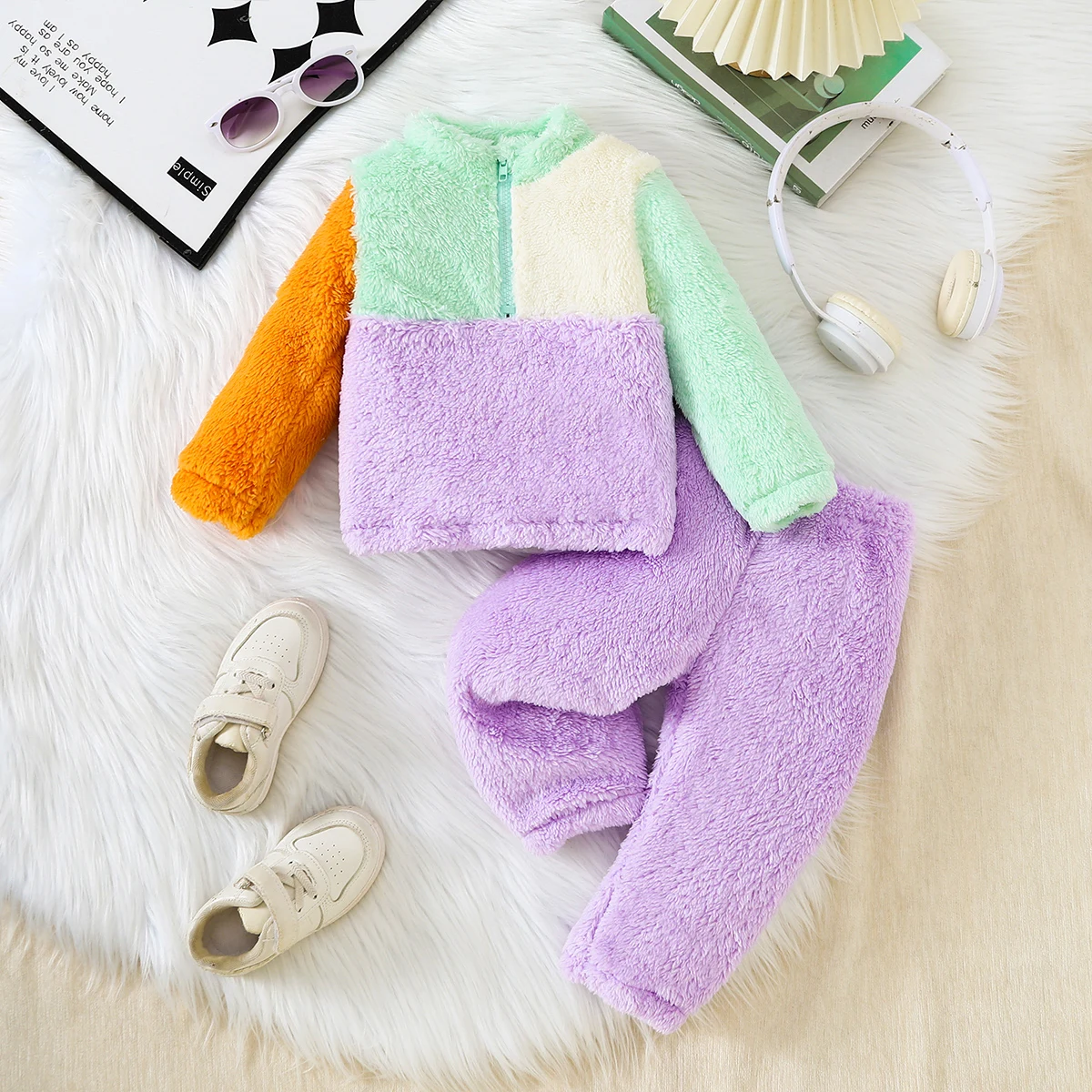 الخريف الشتاء الاطفال الصوف كتلة اللون الزي: طفل دافئ الوقوف طوق المرقعة أعلى + السراويل الطويلة، لينة ومريحة لطيف الأطفال اثنين