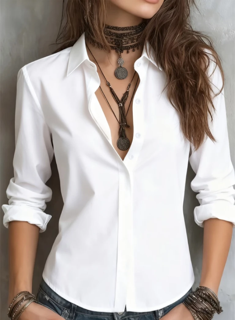 Women's long sleeve lapel hidden placket solid color professional office shirt